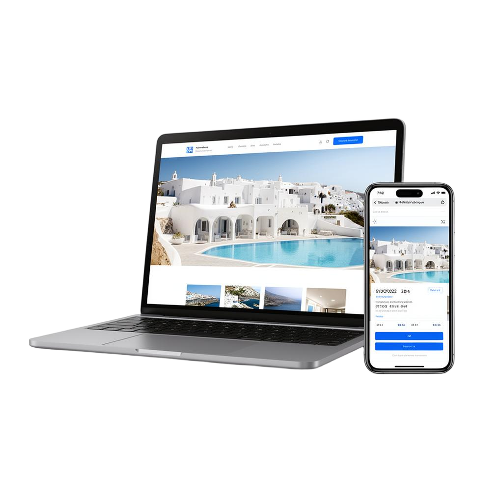 Παράδειγμα premium ιστοσελίδας καταλύματος σε laptop και κινητό